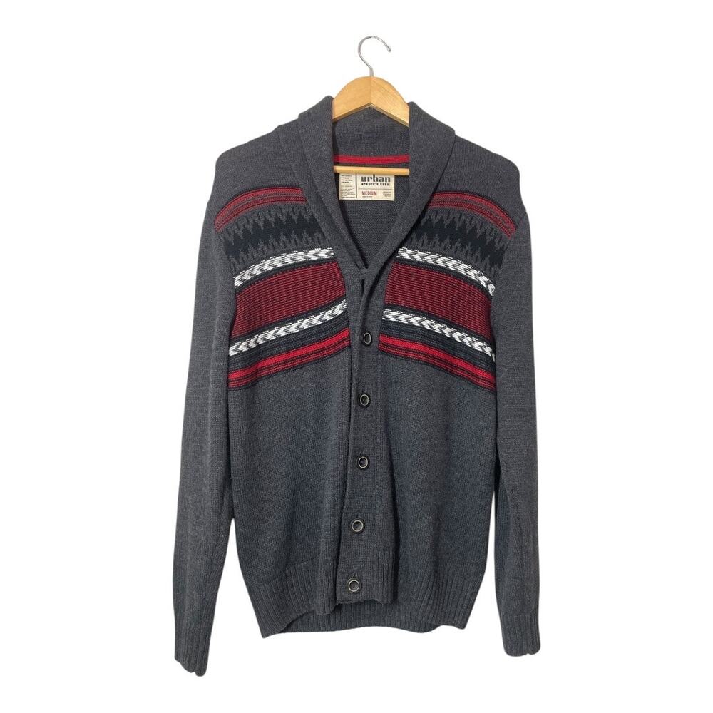 Urban Pipeline Mens Gray Cardigan Sweater Gray Red Holiday Academic Medium